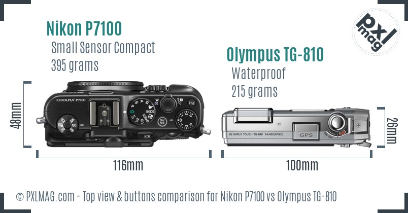 Nikon P7100 vs Olympus TG-810 top view buttons comparison