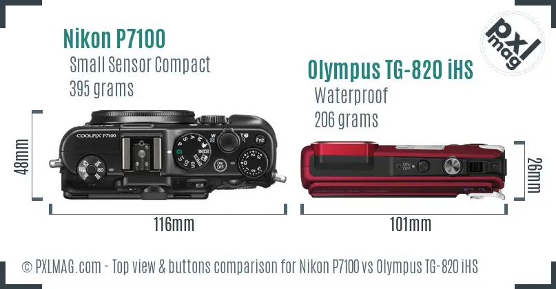 Nikon P7100 vs Olympus TG-820 iHS top view buttons comparison Nikon P7100 vs Olympus TG-820 iHS top view buttons comparison