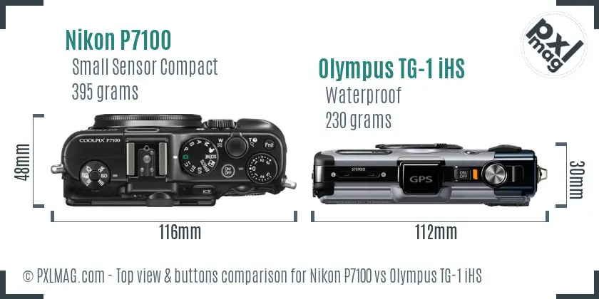 Nikon P7100 vs Olympus TG-1 iHS top view buttons comparison Nikon P7100 vs Olympus TG-1 iHS top view buttons comparison