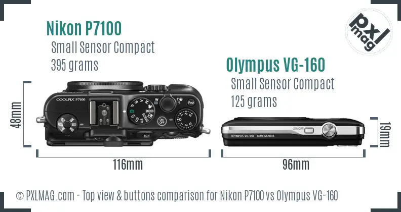 Nikon P7100 vs Olympus VG-160 top view buttons comparison
