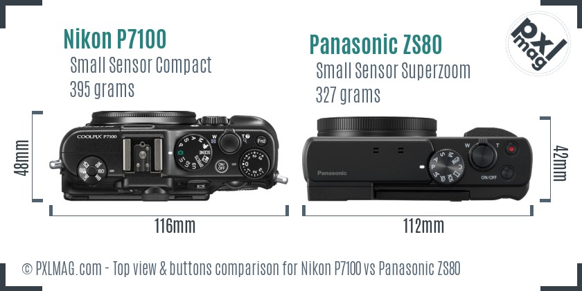 Nikon P7100 vs Panasonic ZS80 top view buttons comparison