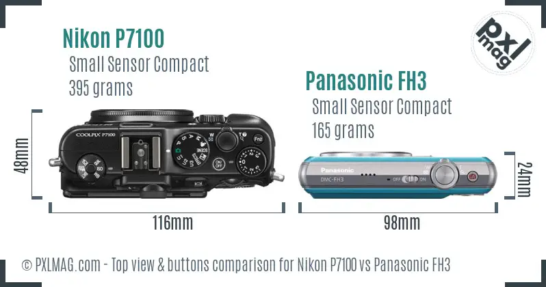 Nikon P7100 vs Panasonic FH3 top view buttons comparison Nikon P7100 vs Panasonic FH3 top view buttons comparison