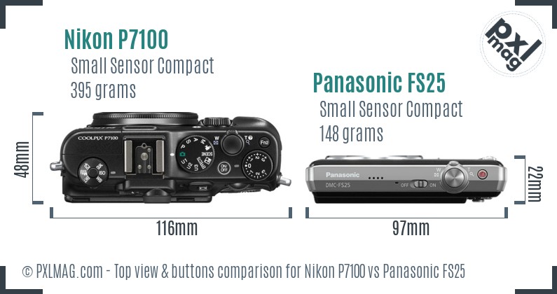 Nikon P7100 vs Panasonic FS25 top view buttons comparison