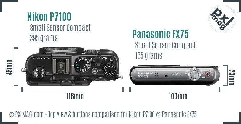 Nikon P7100 vs Panasonic FX75 top view buttons comparison