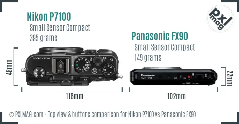 Nikon P7100 vs Panasonic FX90 top view buttons comparison