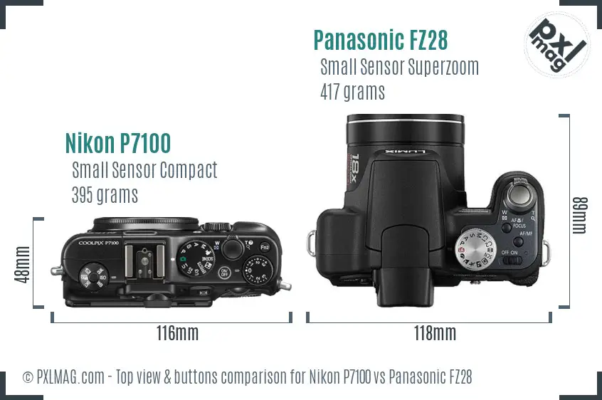 Nikon P7100 vs Panasonic FZ28 top view buttons comparison