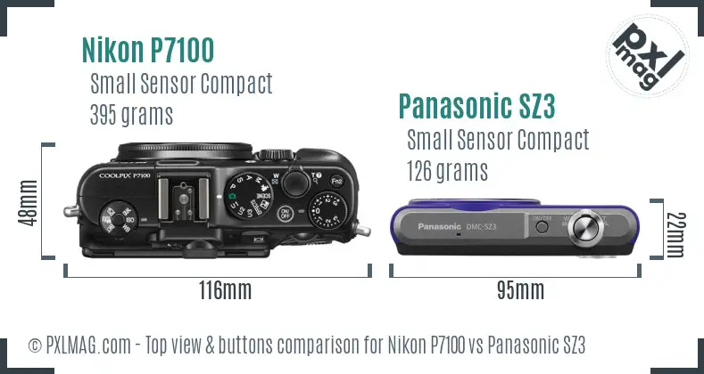 Nikon P7100 vs Panasonic SZ3 top view buttons comparison Nikon P7100 vs Panasonic SZ3 top view buttons comparison
