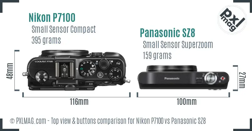 Nikon P7100 vs Panasonic SZ8 top view buttons comparison Nikon P7100 vs Panasonic SZ8 top view buttons comparison