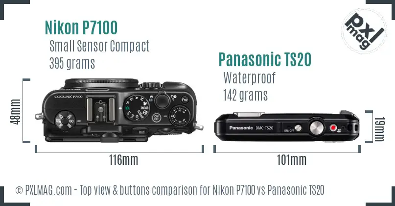 Nikon P7100 vs Panasonic TS20 top view buttons comparison Nikon P7100 vs Panasonic TS20 top view buttons comparison