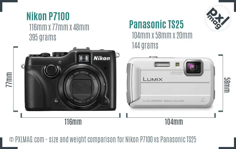 Nikon P7100 vs Panasonic TS25 size comparison