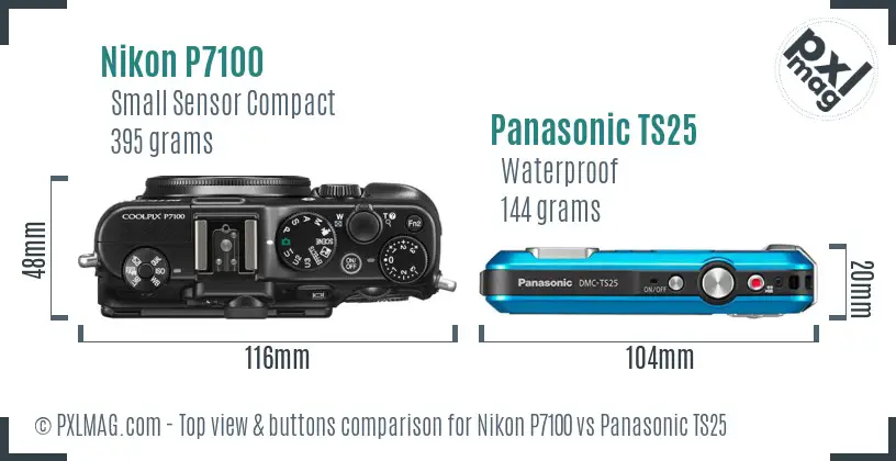 Nikon P7100 vs Panasonic TS25 top view buttons comparison