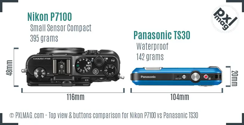 Nikon P7100 vs Panasonic TS30 top view buttons comparison