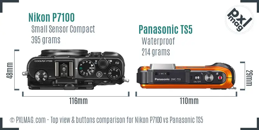 Nikon P7100 vs Panasonic TS5 top view buttons comparison