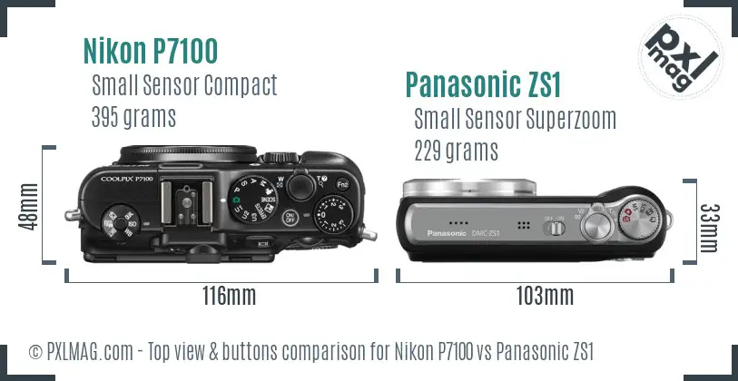 Nikon P7100 vs Panasonic ZS1 top view buttons comparison