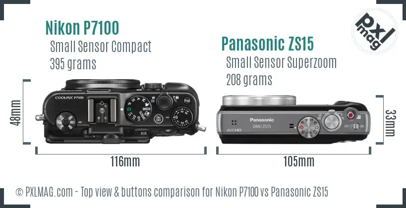 Nikon P7100 vs Panasonic ZS15 top view buttons comparison