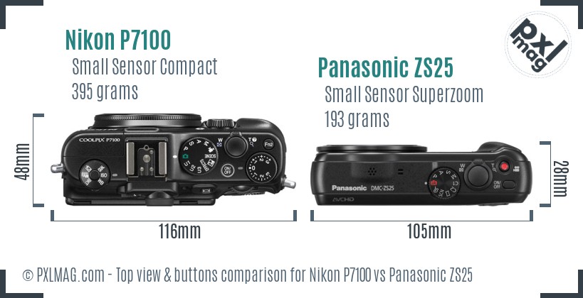 Nikon P7100 vs Panasonic ZS25 top view buttons comparison