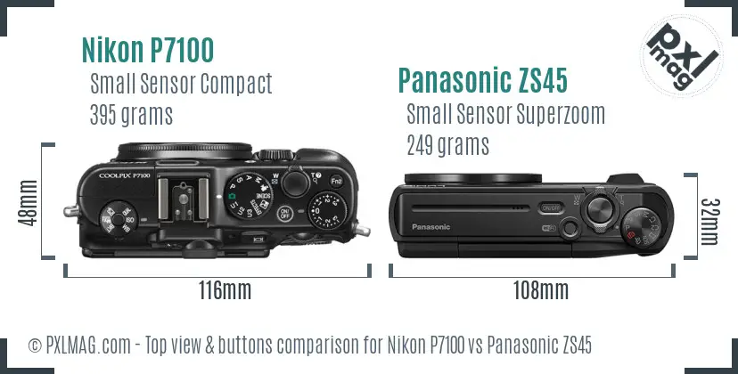 Nikon P7100 vs Panasonic ZS45 top view buttons comparison