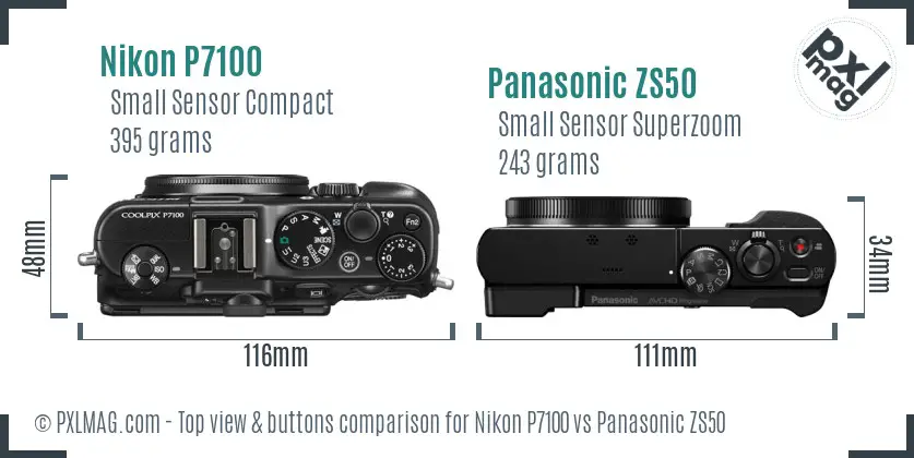 Nikon P7100 vs Panasonic ZS50 top view buttons comparison