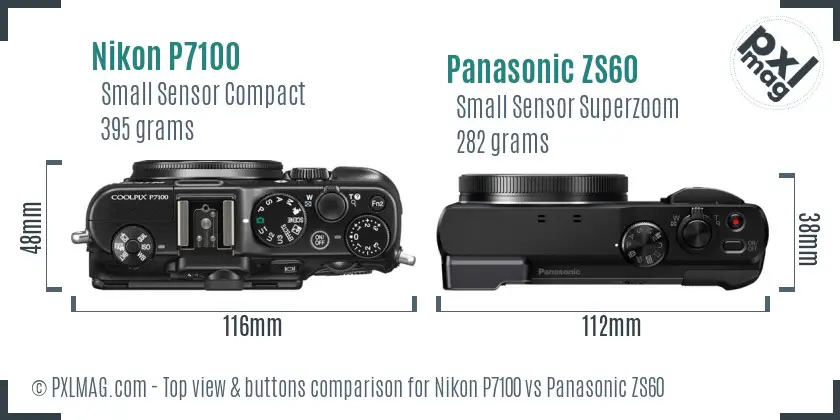 Nikon P7100 vs Panasonic ZS60 top view buttons comparison