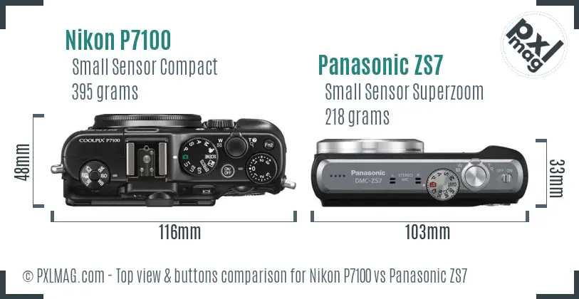 Nikon P7100 vs Panasonic ZS7 top view buttons comparison