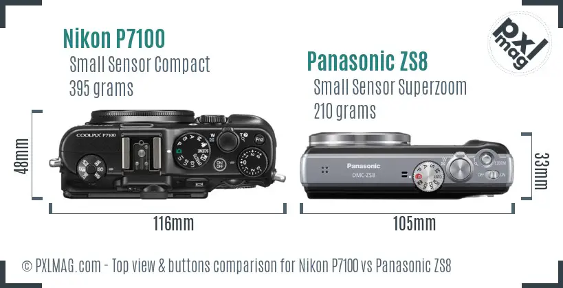 Nikon P7100 vs Panasonic ZS8 top view buttons comparison