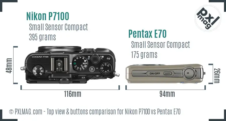 Nikon P7100 vs Pentax E70 top view buttons comparison Nikon P7100 vs Pentax E70 top view buttons comparison