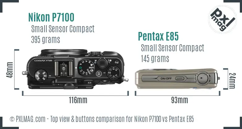 Nikon P7100 vs Pentax E85 top view buttons comparison
