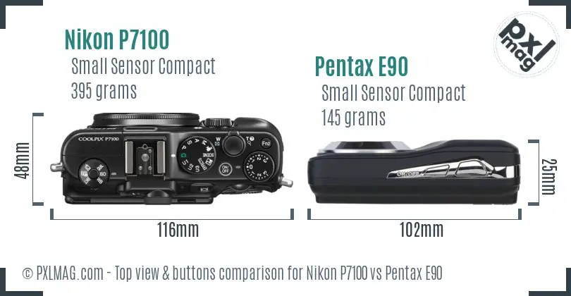 Nikon P7100 vs Pentax E90 top view buttons comparison Nikon P7100 vs Pentax E90 top view buttons comparison