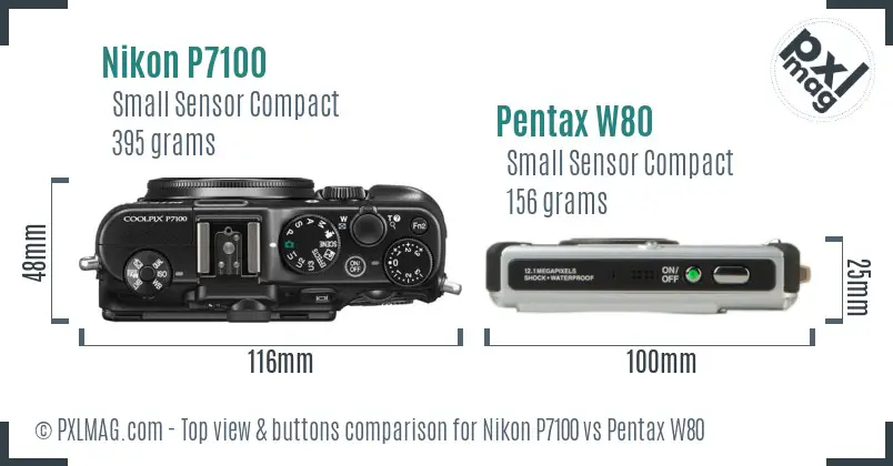Nikon P7100 vs Pentax W80 top view buttons comparison Nikon P7100 vs Pentax W80 top view buttons comparison
