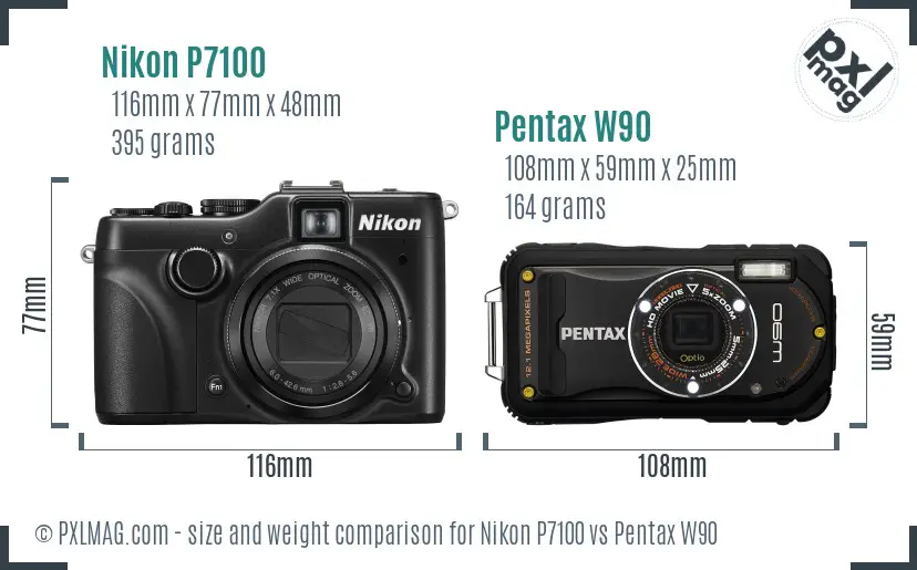 Nikon P7100 vs Pentax W90 size comparison