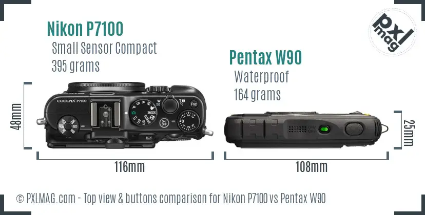 Nikon P7100 vs Pentax W90 top view buttons comparison