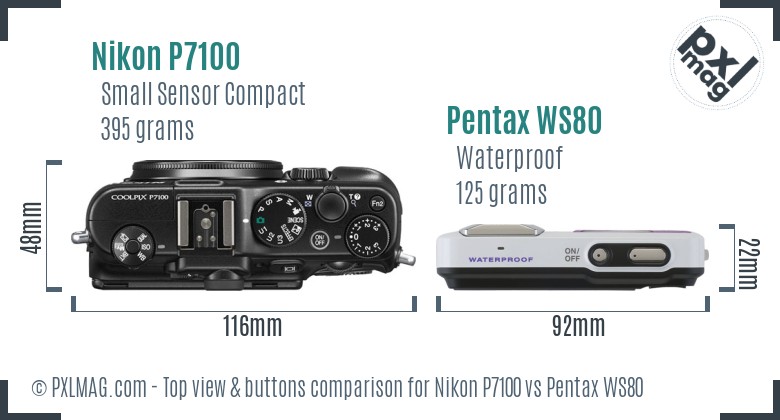 Nikon P7100 vs Pentax WS80 top view buttons comparison