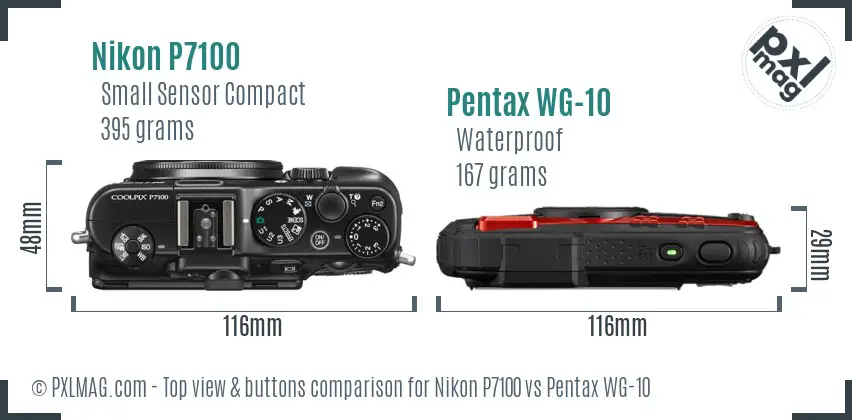 Nikon P7100 vs Pentax WG-10 top view buttons comparison