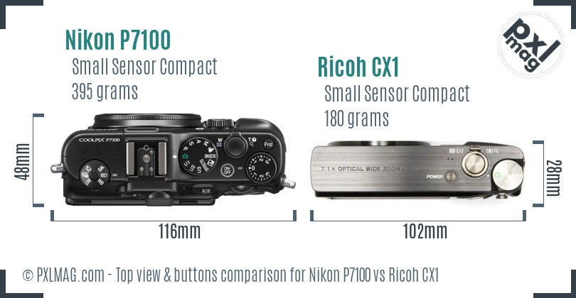Nikon P7100 vs Ricoh CX1 top view buttons comparison