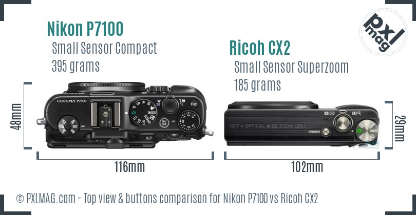 Nikon P7100 vs Ricoh CX2 top view buttons comparison