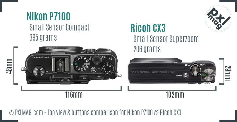 Nikon P7100 vs Ricoh CX3 top view buttons comparison Nikon P7100 vs Ricoh CX3 top view buttons comparison