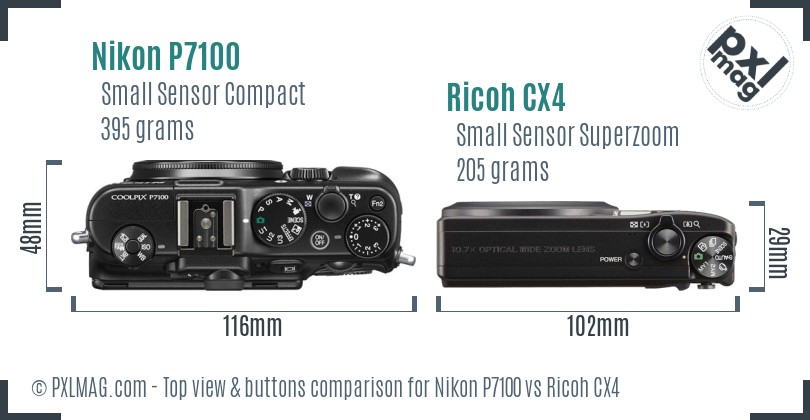 Nikon P7100 vs Ricoh CX4 top view buttons comparison