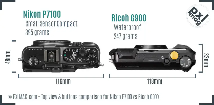 Nikon P7100 vs Ricoh G900 top view buttons comparison