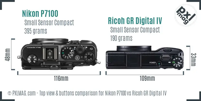 Nikon P7100 vs Ricoh GR Digital IV top view buttons comparison