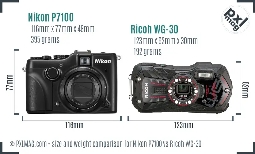 Nikon P7100 vs Ricoh WG-30 size comparison