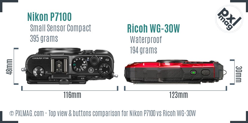 Nikon P7100 vs Ricoh WG-30W top view buttons comparison