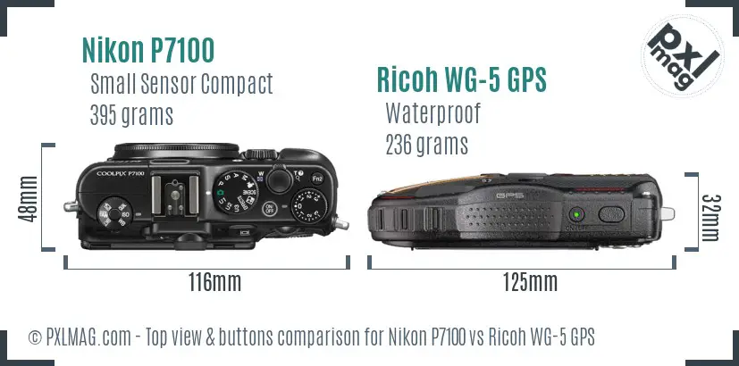 Nikon P7100 vs Ricoh WG-5 GPS top view buttons comparison Nikon P7100 vs Ricoh WG-5 GPS top view buttons comparison