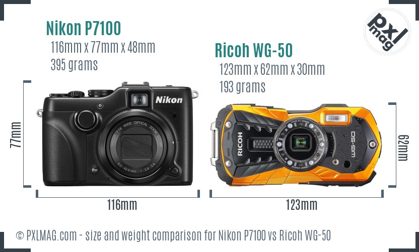 Nikon P7100 vs Ricoh WG-50 size comparison