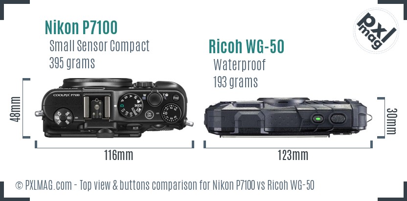 Nikon P7100 vs Ricoh WG-50 top view buttons comparison