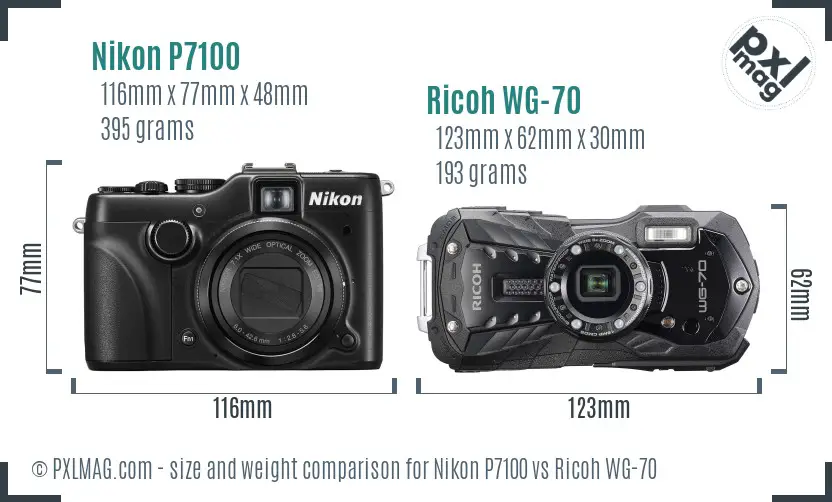 Nikon P7100 vs Ricoh WG-70 size comparison