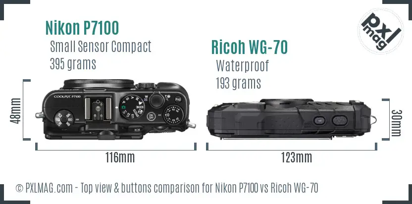 Nikon P7100 vs Ricoh WG-70 top view buttons comparison