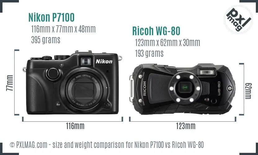Nikon P7100 vs Ricoh WG-80 size comparison