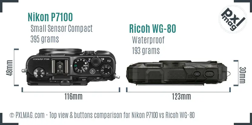 Nikon P7100 vs Ricoh WG-80 top view buttons comparison