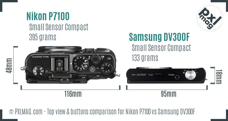 Nikon P7100 vs Samsung DV300F top view buttons comparison Nikon P7100 vs Samsung DV300F top view buttons comparison