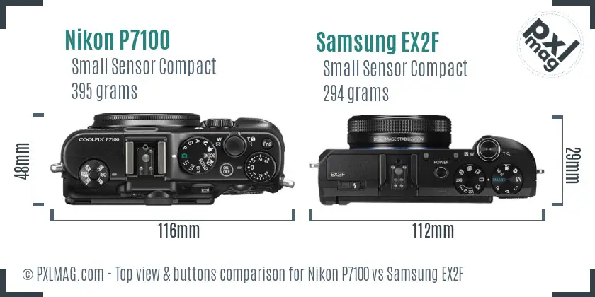 Nikon P7100 vs Samsung EX2F top view buttons comparison